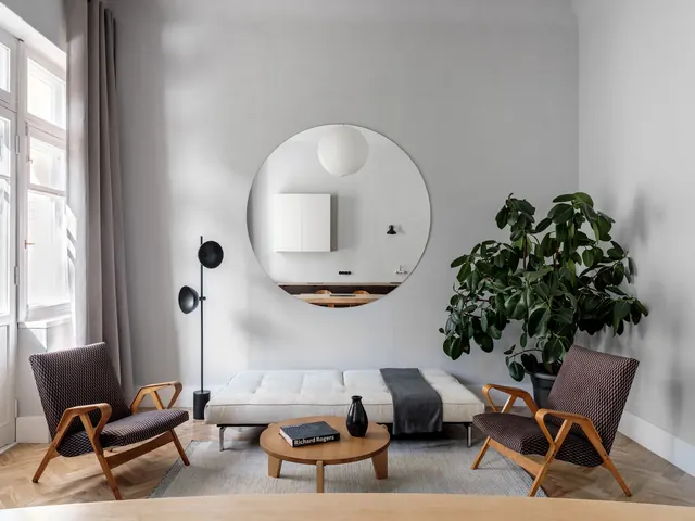 Minimalist Interior Design with Circular Mirror, minimal, light-mode, light