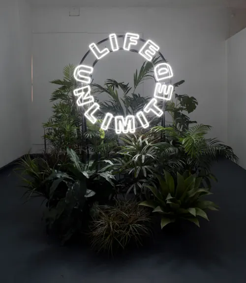 Neon Circular Wordmark in Foliage, minimal, dark-mode, dark