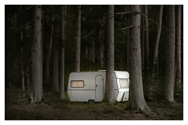 Camper Van in Forest Mockup, photographic, minimal, dark
