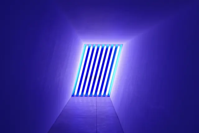 Neon Blue Corridor with Vertical Stripes, minimal, geometric, dark