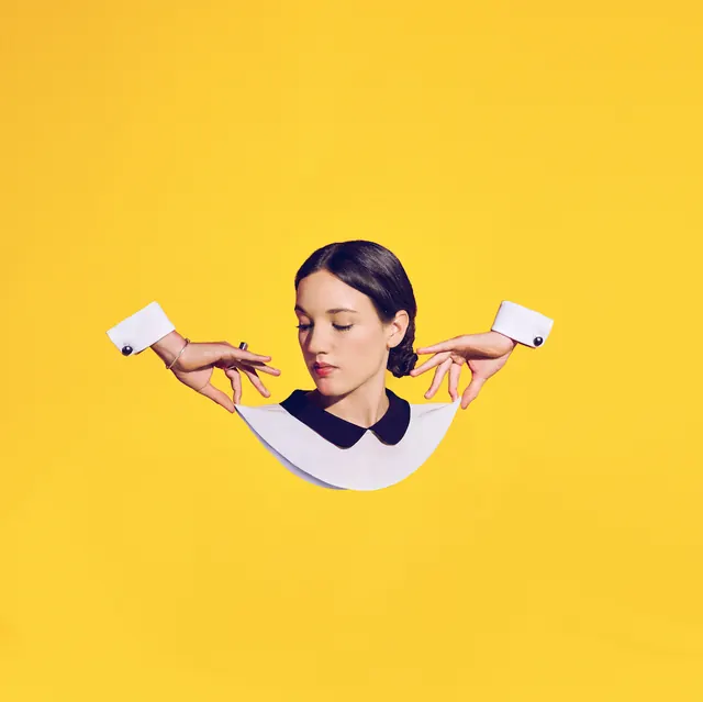 Woman in Circular Frame with Extended Arms, minimal, photographic, vibrant