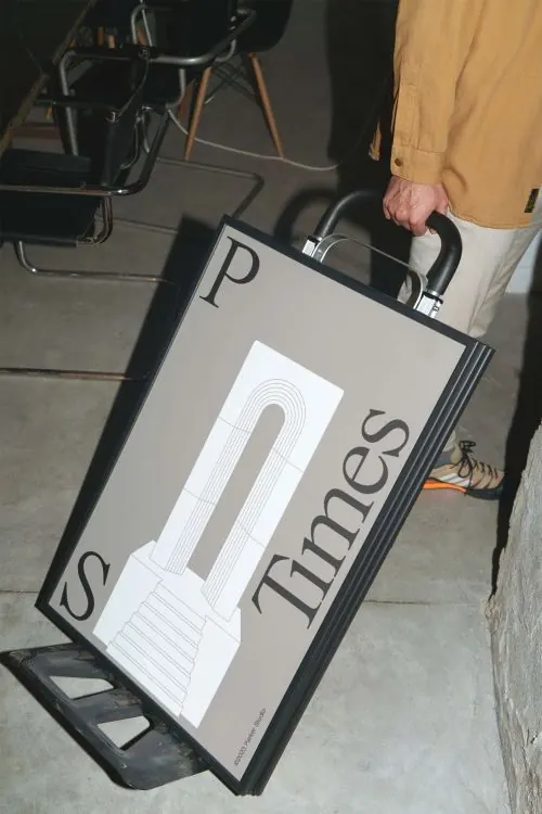 P Times column-illustration sign panel, minimal, illustrated, muted