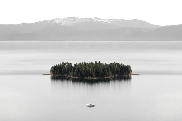 Serene Island Landscape, minimal, photographic, monochrome