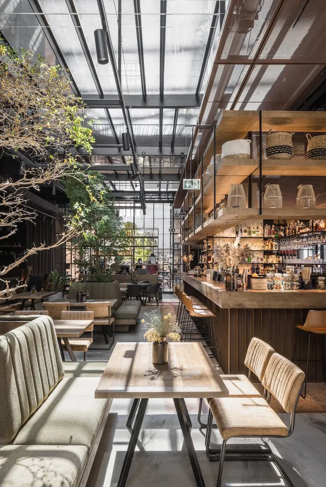 Industrial Greenhouse Cafe Interior, photographic, organic, warm