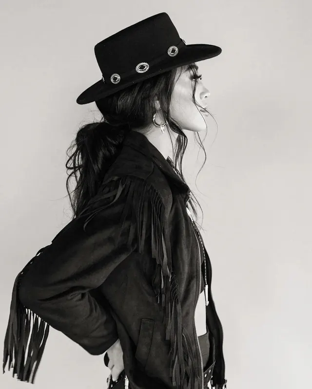 Woman in Fringe Jacket and Hat, monochrome, photographic, monochrome
