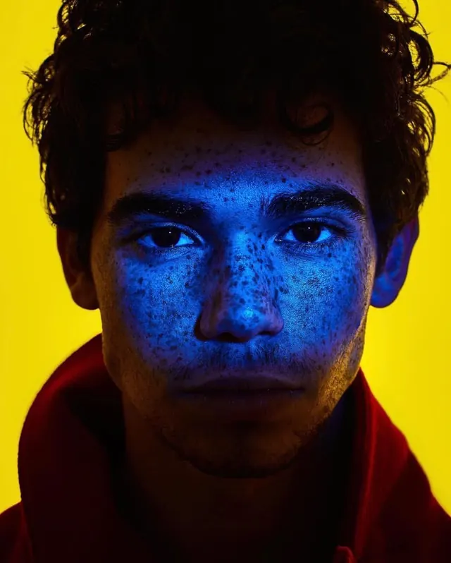 Blue Speckled Portrait, photographic, maximalist, vibrant