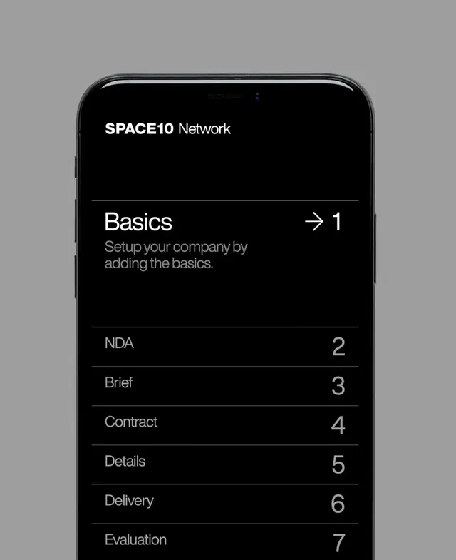 SPACE10 Network UI Mockup, minimal, corporate-clean, dark