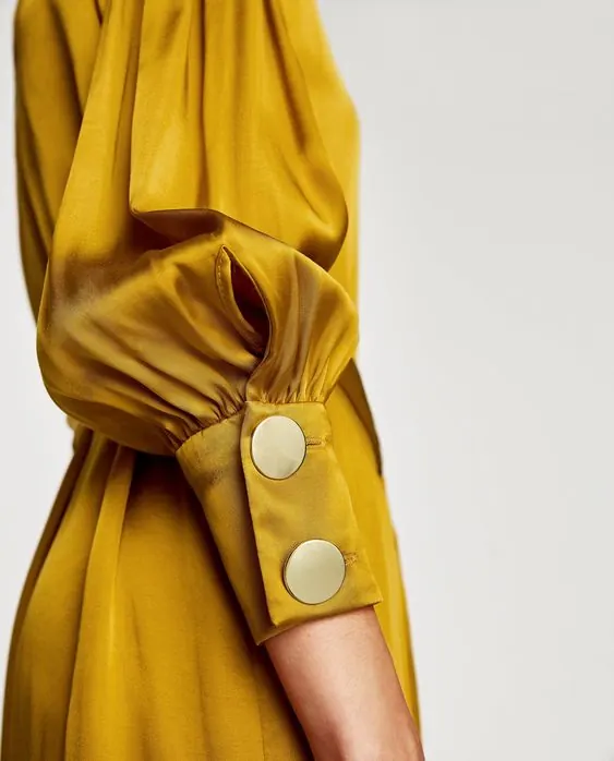 Yellow Puff Sleeve Dress Detail, photographic, luxury, warm