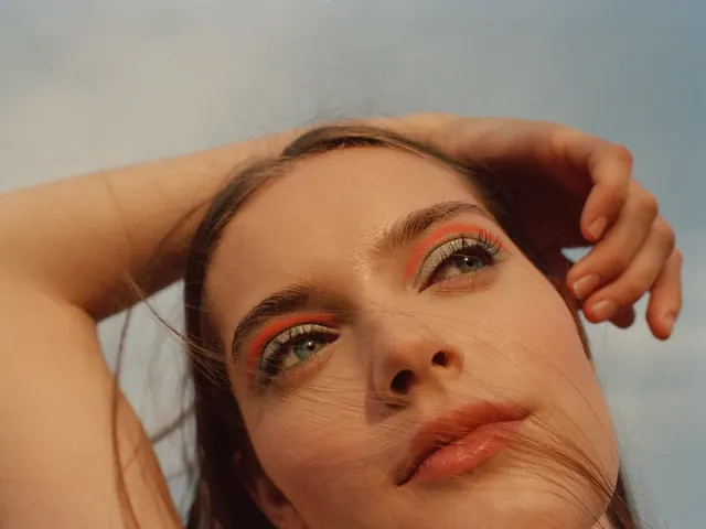 Close-up Portrait with Orange Eye Makeup, photographic, luxury, warm