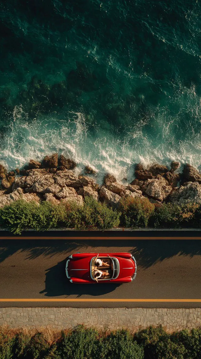 Aerial Coastal Road with Red Car, photographic, organic, vibrant