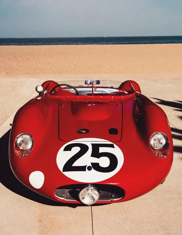 Red Vintage Race Car on Beach, retro, photographic, vibrant