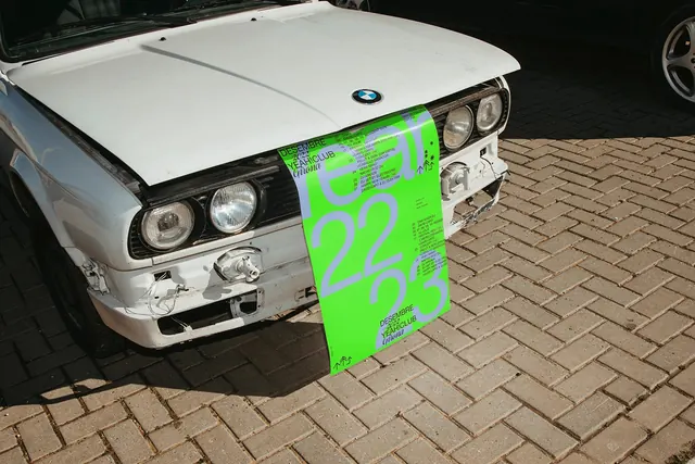Neon Green Typography on Vintage Car Mockup, brutalist, neo-brutalist, vibrant