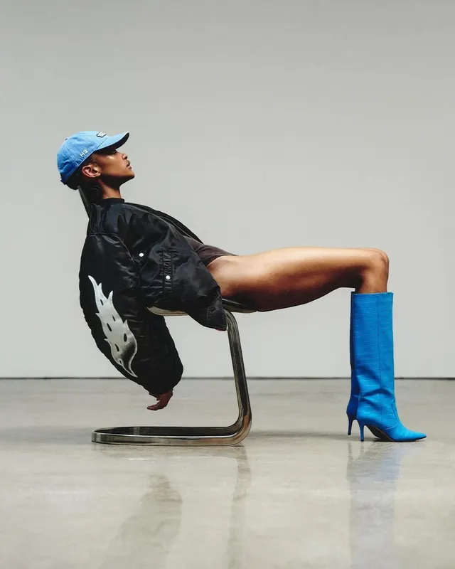 Man in Blue Boots and Hat, photographic, minimal, high-contrast