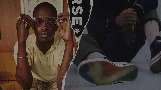Collage of Man with Glasses and Shoe, brutalist, maximalist, high-contrast