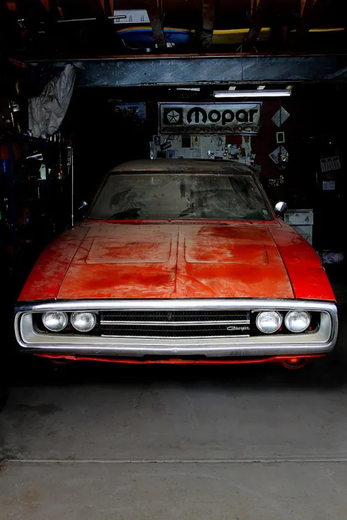 Vintage Orange Car in Garage, retro, photographic, warm