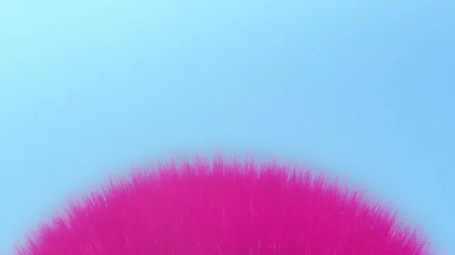 Pink Fuzzy Sphere on Blue Background, minimal, playful, vibrant