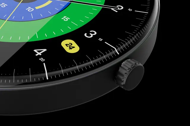 Close-up of a Multi-colored Analog Watch Face, technical, geometric, dark