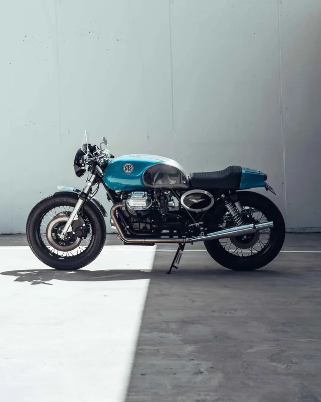 Blue Cafe Racer Motorcycle Mockup, minimal, photographic, vibrant