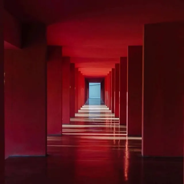 Red Corridor Perspective, minimal, geometric, vibrant