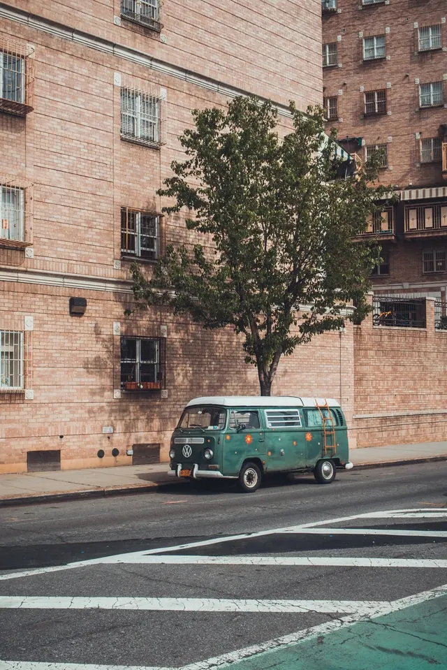 City Street with Bus and Tree, photographic, warm