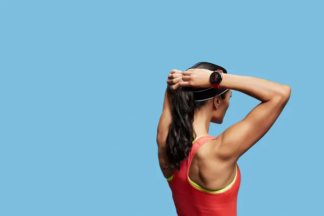 Woman in Red Tank Top with Headphones, minimal, photographic, vibrant