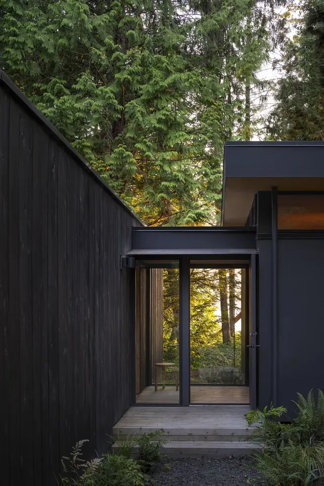 Modernist Forest Retreat Architecture, minimal, photographic, dark