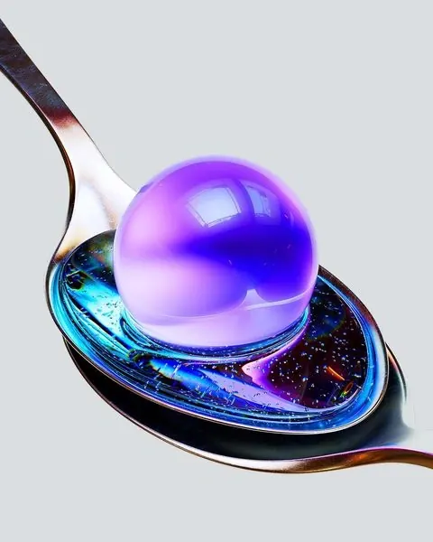 Iridescent Sphere on Spoon, glassmorphism, gradient-heavy, vibrant