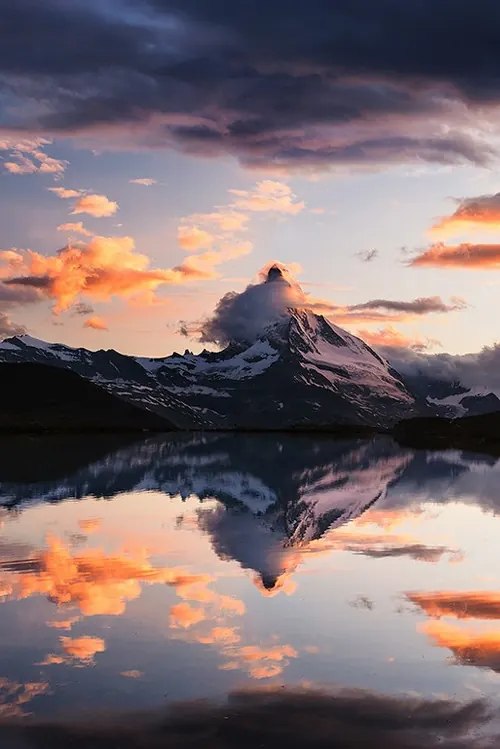 Mountain Reflection at Sunset, photographic, organic, warm