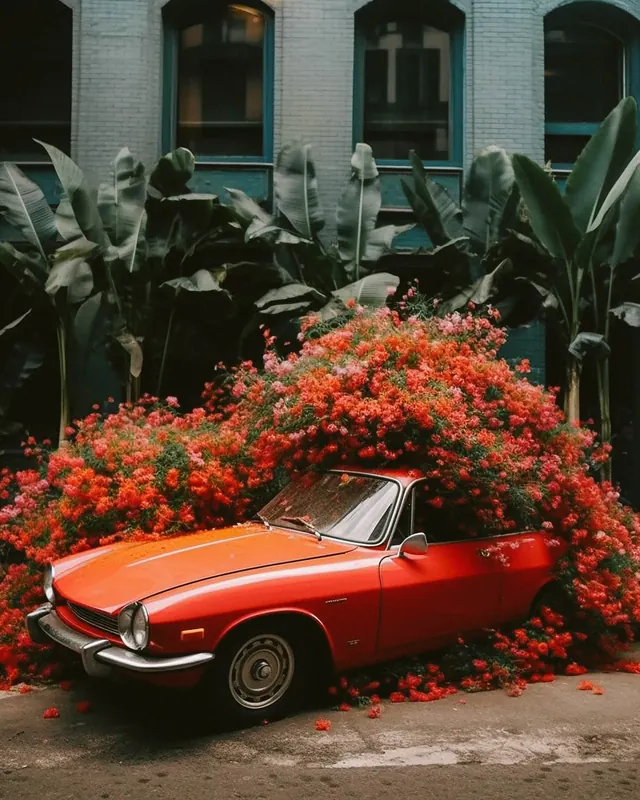 Vintage Orange Car in Flower Garden, photographic, organic, vibrant