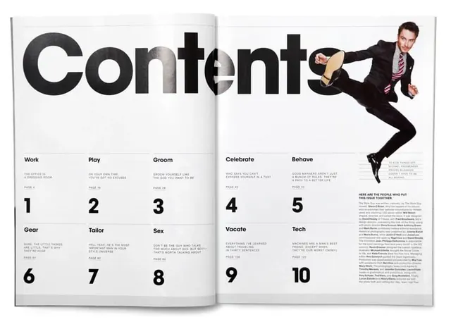 Editorial Table of Contents Layout, minimal, swiss, monochrome