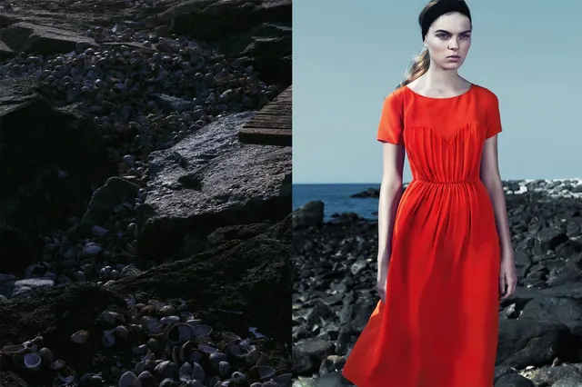 Woman in Red Dress on Beach, photographic, organic, high-contrast