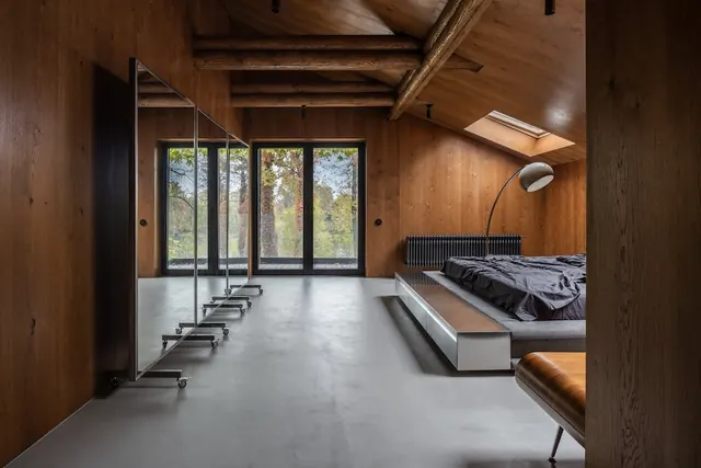 Modern Wood Interior with Industrial Accents, minimal, photographic, warm