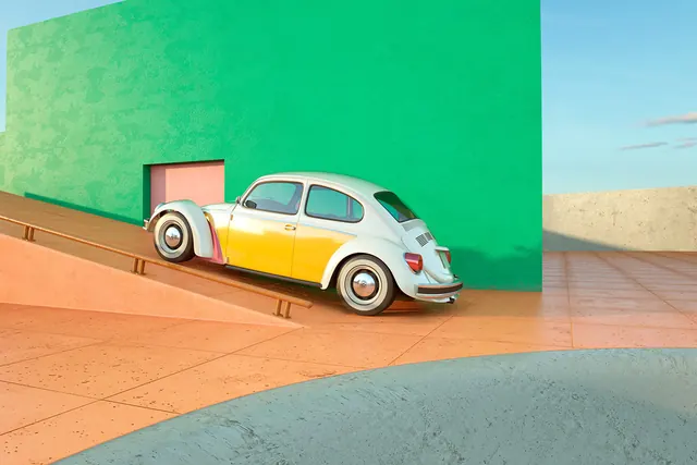 3D Render of a Stylized Car in a Minimalist Environment, minimal, playful, vibrant