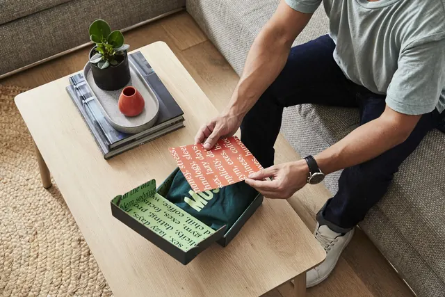 Product Mockup on Coffee Table, minimal, photographic, warm