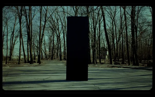 Monolith in Winter Forest, minimal, photographic, dark