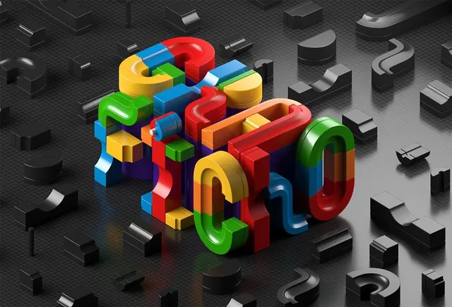 3D Isometric Typographic Composition, 3d-render, playful, dark