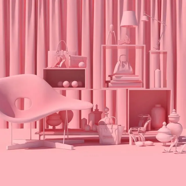 Monochromatic Pink Interior Scene, minimal, 3d-render, pastel