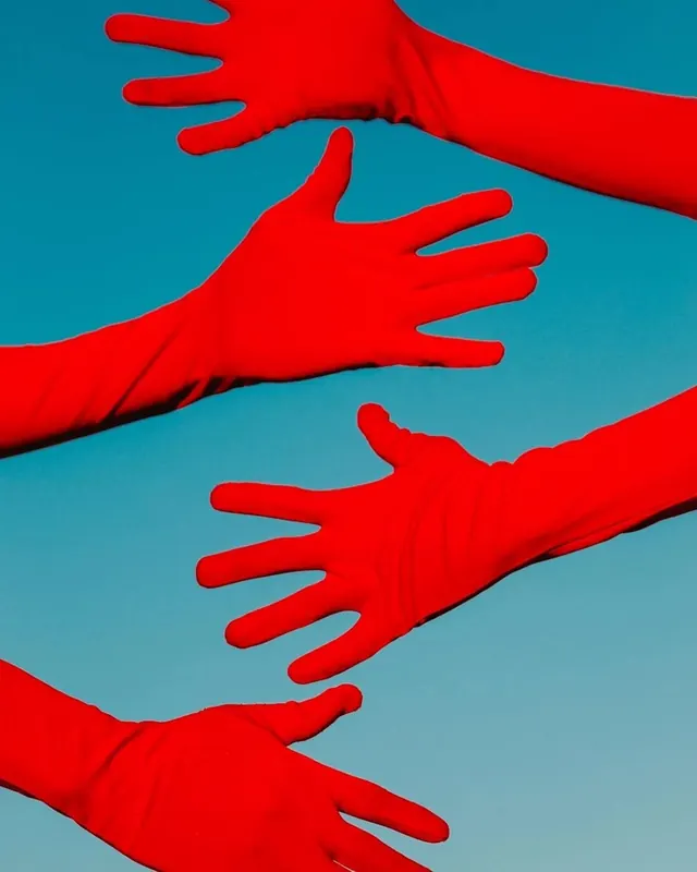 Red Hands on Blue Background, flat, minimal, vibrant