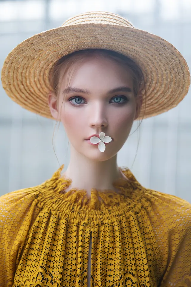 Woman in Straw Hat with White Flower, photographic, organic, warm
