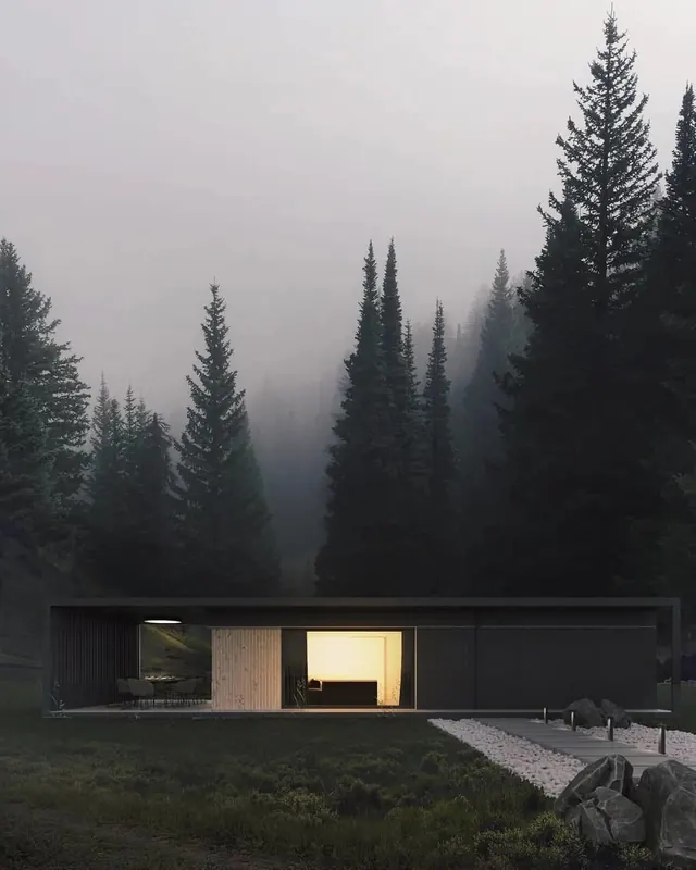 Modernist Forest Cabin Architecture, minimal, photographic, dark