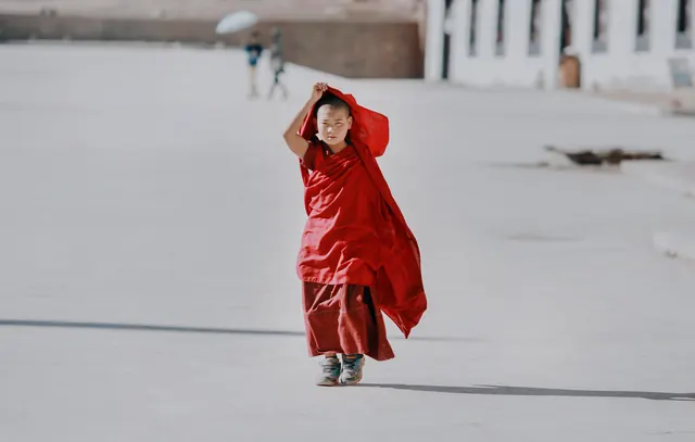 Woman in Red Coat on Ice, photographic, minimal, high-contrast