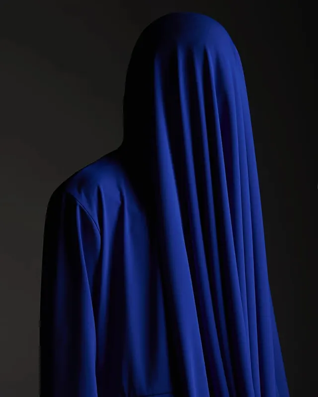Blue Fabric Draped Figure, minimal, photographic, dark