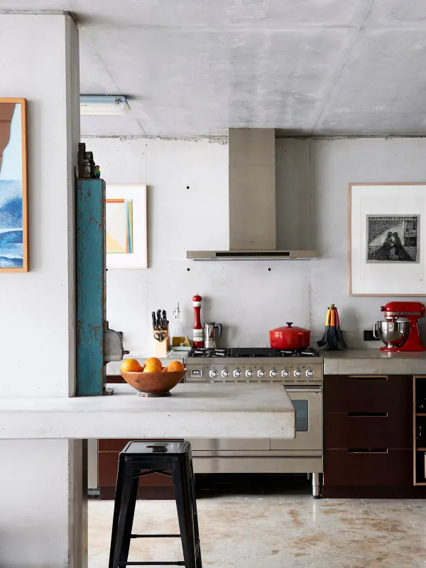 Modern Industrial Kitchen Interior, minimal, photographic, muted