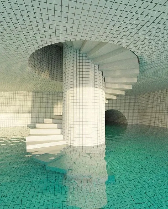 Architectural 3D Render of a Spiral Staircase, minimal, geometric, light