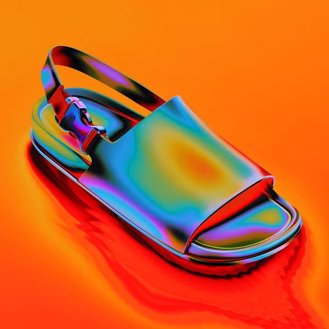 Iridescent Slide Sandal Mockup, gradient-heavy, 3d-render, vibrant