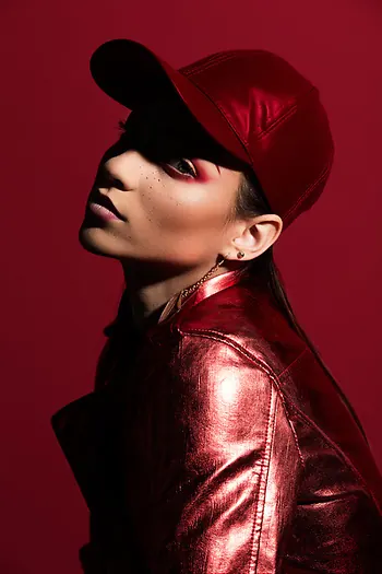 Red Metallic Fashion Portrait, luxury, photographic, vibrant