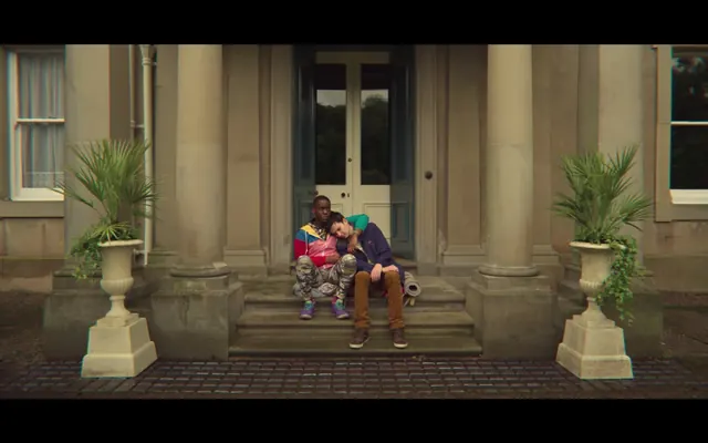People Sitting on Building Steps, photographic, muted