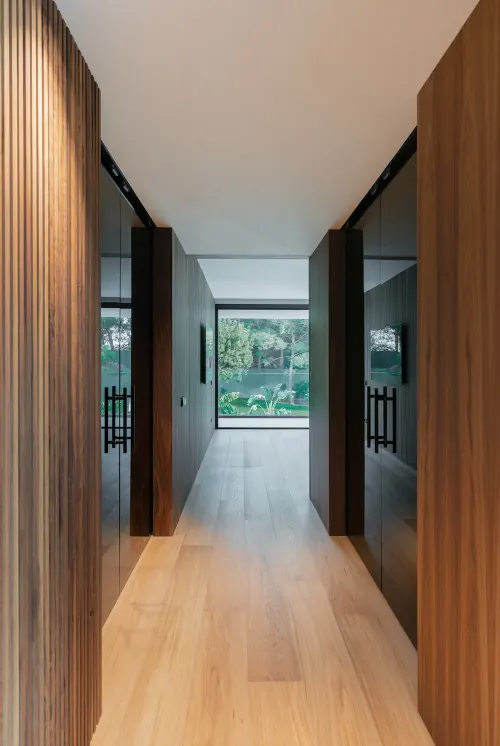 Modern Office Interior with Wood Paneling, minimal, corporate-clean, warm