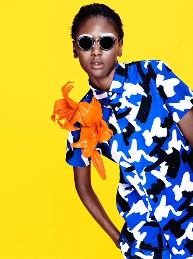 Fashion Portrait with Abstract Graphic Elements, maximalist, playful, high-contrast