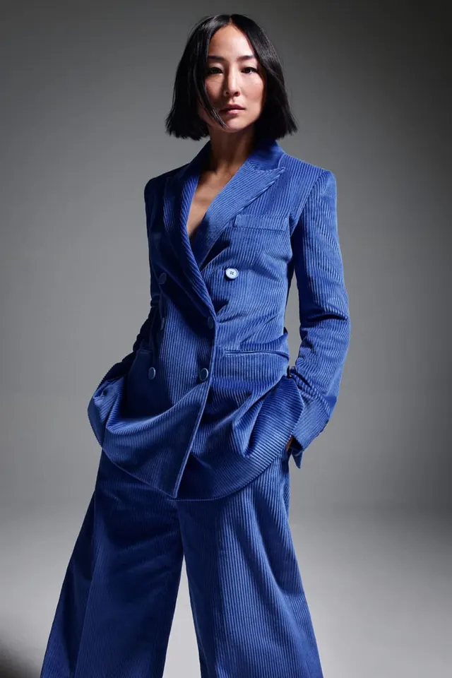 Woman in Blue Denim Jacket, photographic, minimal, cool